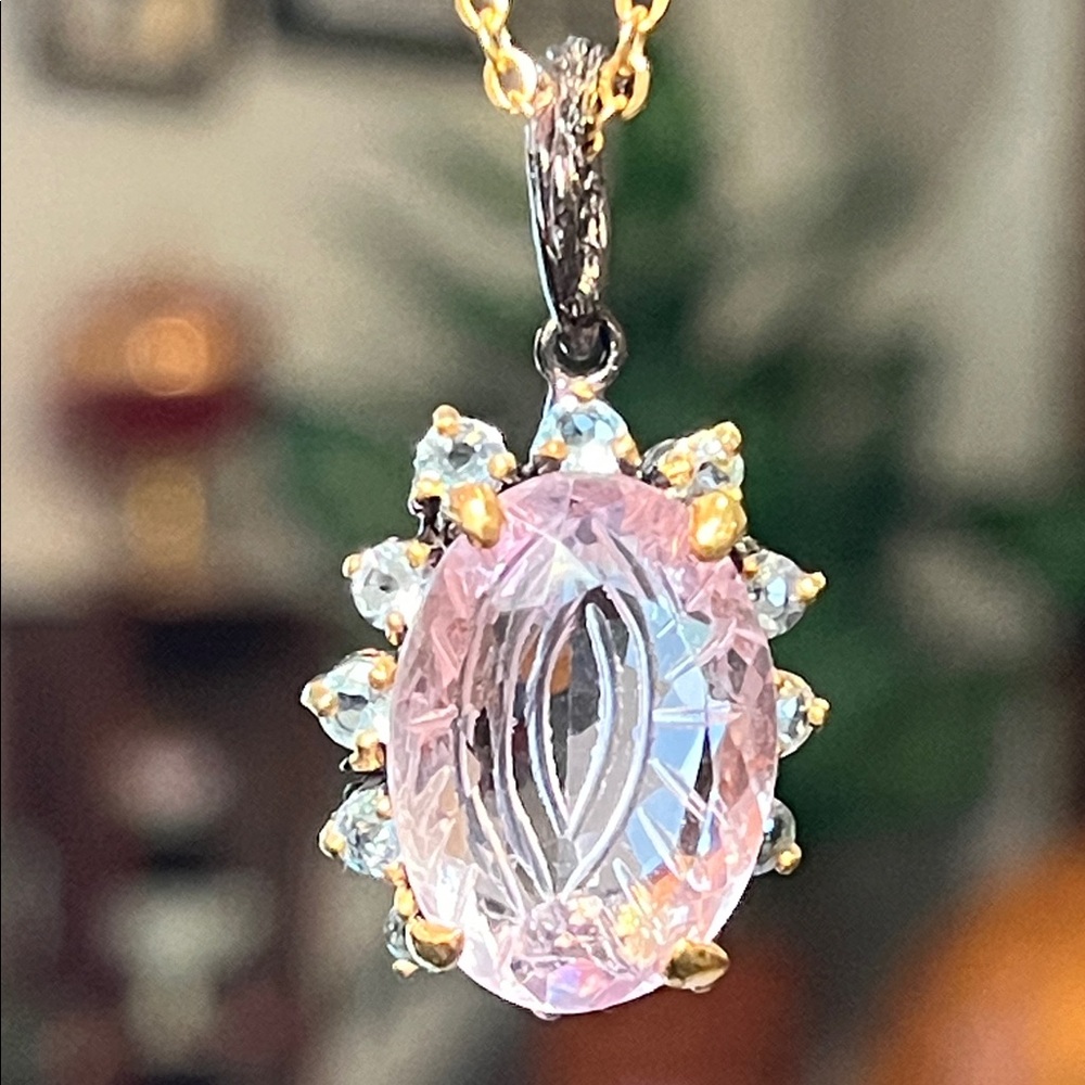 VTG Carved Pink & Blue Topaz Sterling Silver Pendant 14k Gold Plated Necklace